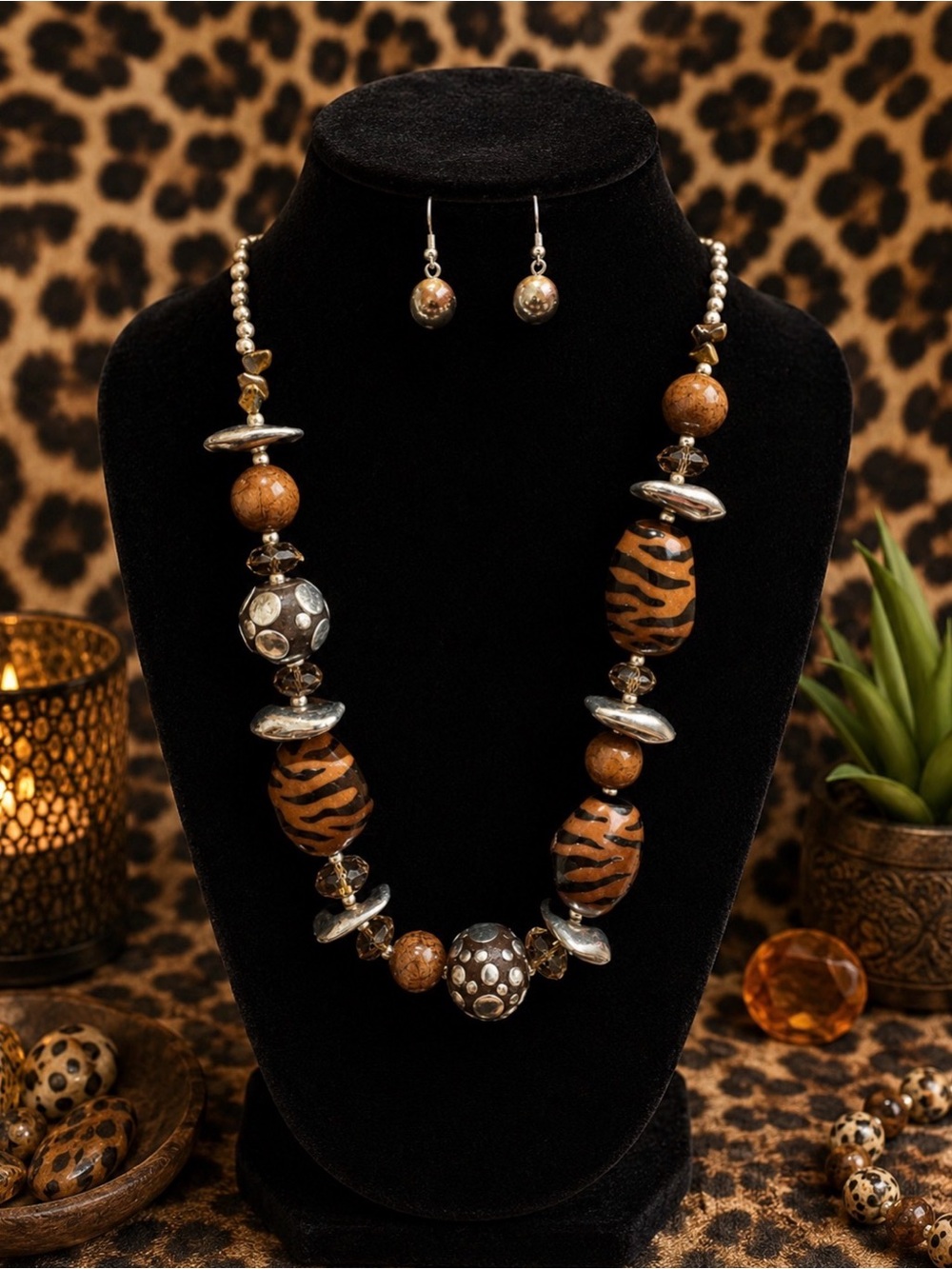 Silver & brown beaded necklace & earring set